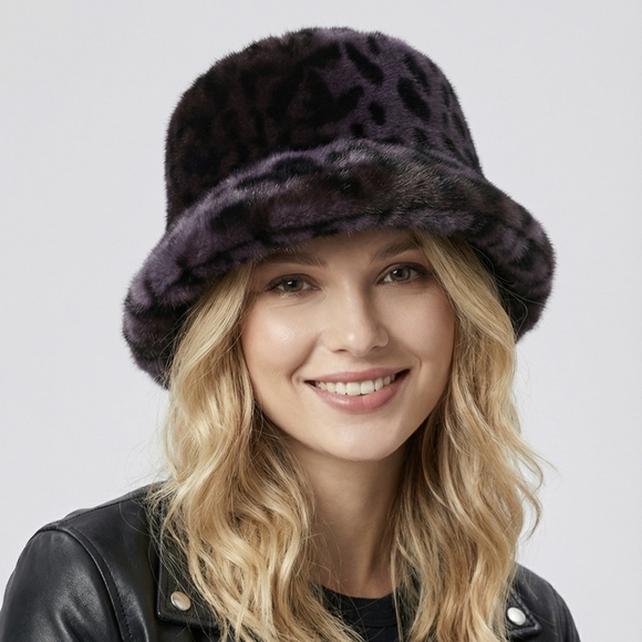 None Accessories - Faux Fur Bucket Hat Animal Print Cheetah Print